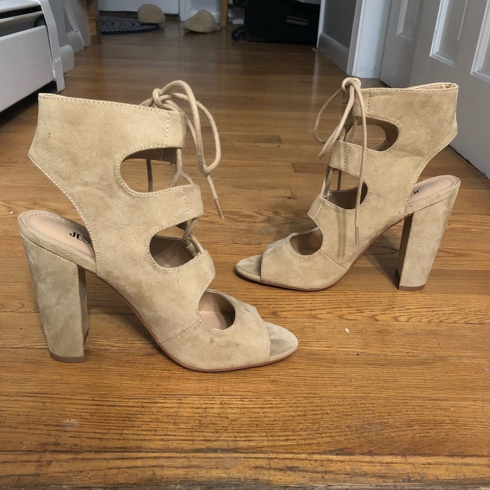 Tan Suede Lace-Up Heels